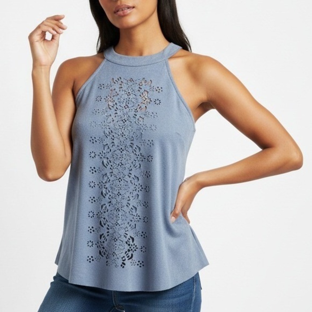Altar'd State Women Laser Cut Faux Suede Halter Tank Top Blue Boho Size S